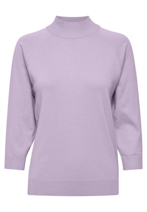 Lilac knit sweater with a high neckline, raglan sleeves, and ribbed cuffs. Soft texture and untailored fit for comfortable wear.