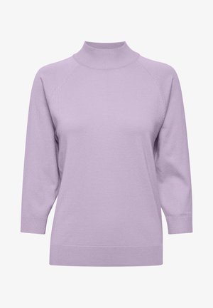 Svetra sivkaste barve z visokim ovratnikom, raglan rokavi in ribanim zaključkom. Mehka tekstura in neoblikovan kroj za udobno nošenje.