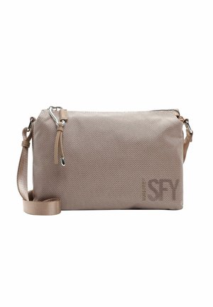 Borsa a tracolla in tessuto beige con superficie testurizzata, chiusura con zip, tracolla regolabile e dettaglio del logo impresso su un lato.
