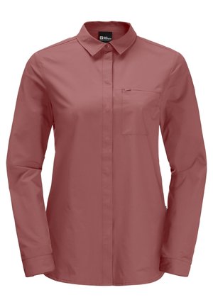 Camicia a maniche lunghe rosa polvere con colletto e piccola tasca sul petto con cerniera, mostrata su sfondo bianco.