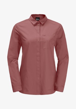 Camicia a maniche lunghe rosa polvere con colletto e piccola tasca sul petto con cerniera, mostrata su sfondo bianco.