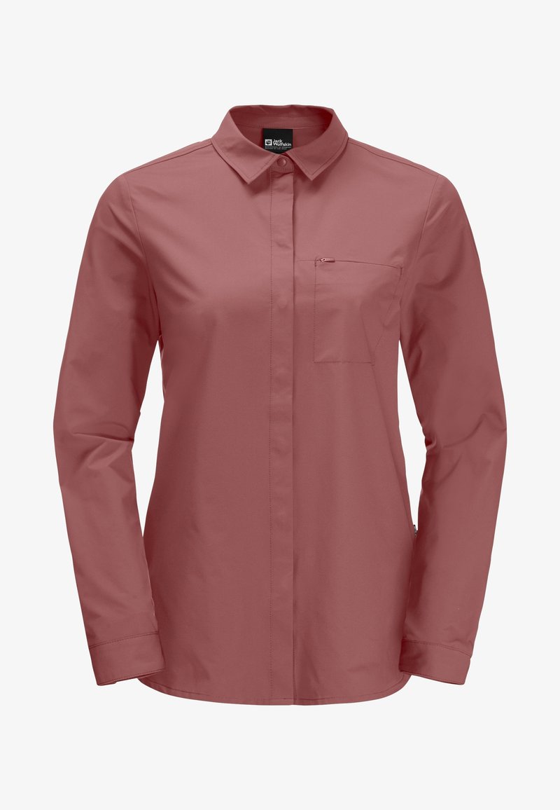Chemise à manches longues couleur rose poussière avec col et petite poche poitrine zippée, présentée sur fond blanc.