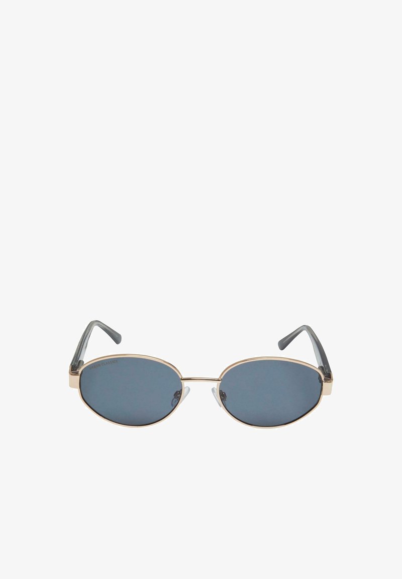 Ochelari de soare ovali cu lentile negre, rame din metal aurit și brațe gri. Ramele au un design minimalist cu un accent subtil pe punte.