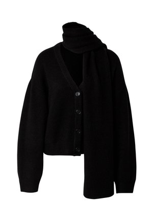 Zwarte gebreide cardigan met een diepe V-hals, knoopsluiting en een vastgenaaide sjaal. Losse pasvorm en geribde manchetten. Zachte textuur.
