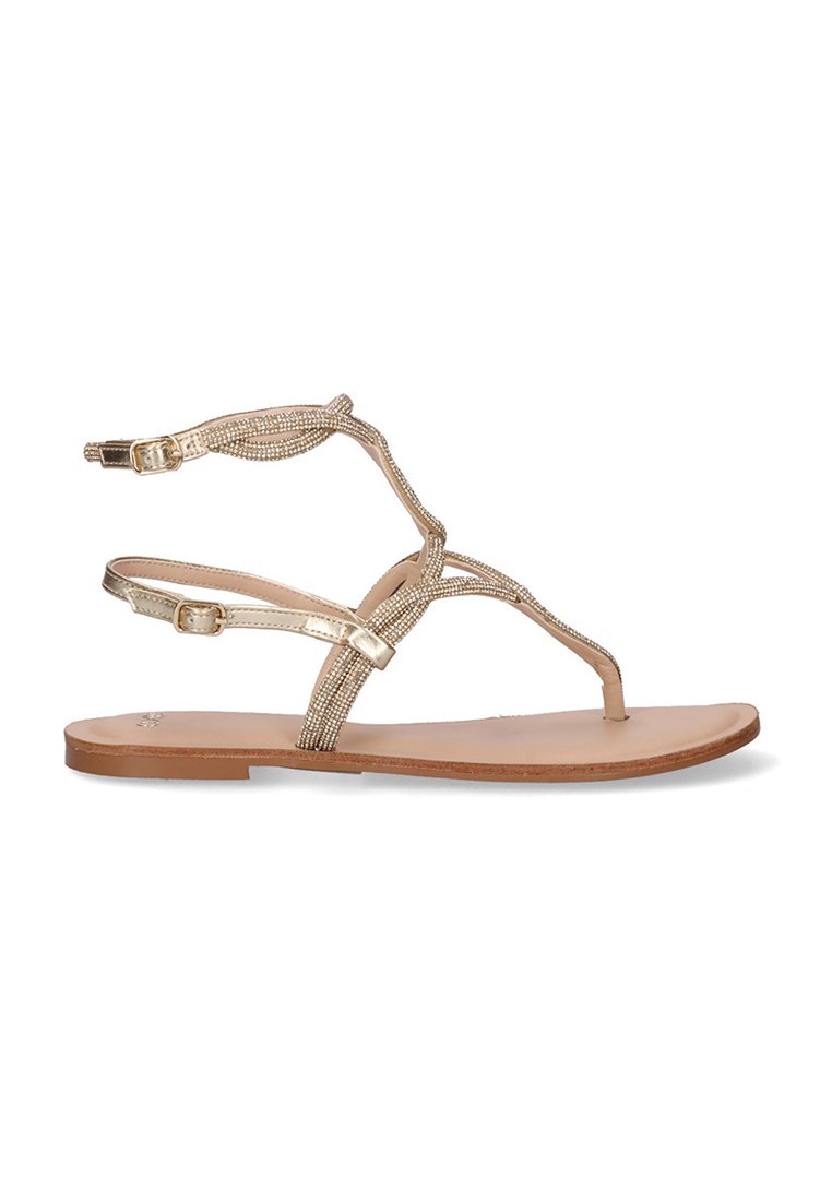 Sandalias planas doradas con tiras de cuentas y hebilla de tobillo ajustable. Plantilla suave de color marrón y suela delgada, diseñadas para un uso casual.