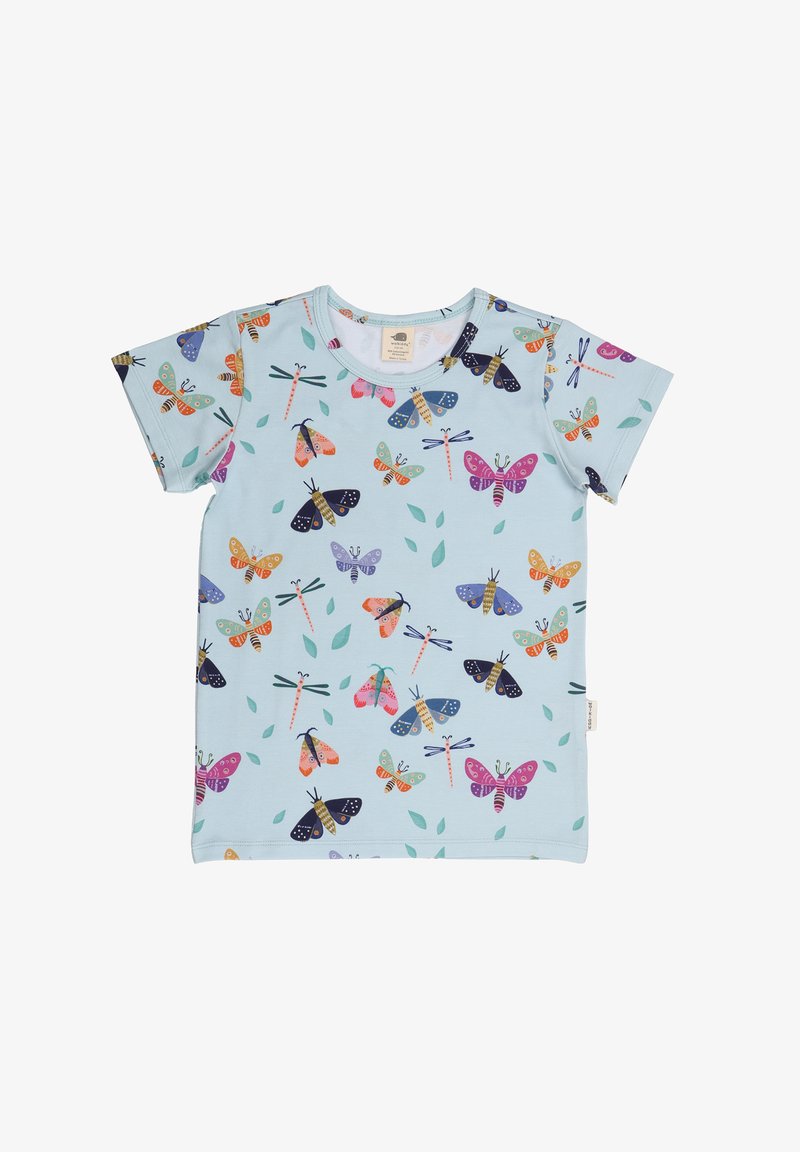 Light blue cotton t-shirt with short sleeves, featuring a pattern of colorful butterflies, dragonflies, and green leaves throughout.