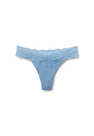 Light blue thong underwear with a wide floral lace waistband and smooth fabric front panel, displayed on a white background.