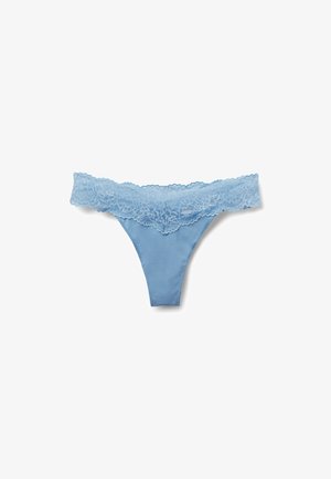 Light blue thong underwear with a wide floral lace waistband and smooth fabric front panel, displayed on a white background.