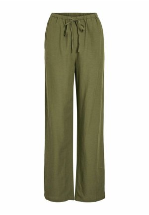 Pantalon ample vert olive avec taille élastique et cordon de serrage, jambes droites longueur totale, sans poches visibles ni ornements.
