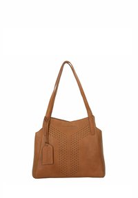 Borsa a spalla in pelle marrone con dettagli perforati sul davanti, manici piatti e un'etichetta decorativa staccabile.