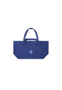 Borsa a spalla blu con manici robusti, realizzata in canvas, con un design a raggi solare rotondo sul davanti. Forma semplice e rettangolare con tasche laterali.