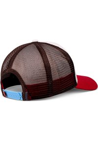 Red, structured front panel cap with a white mesh back. Features a blue adjustable snap closure and alternating red and brown accents.