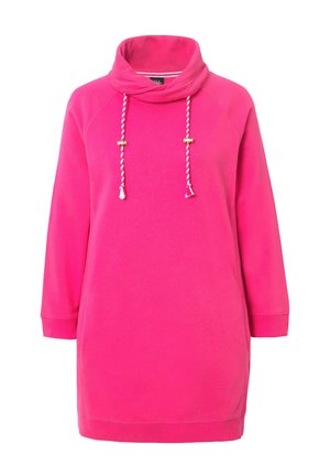 Vaaleanpunainen hupparimekko, jossa on kaulaku dio, pitkät raglan-hihat, kiristusnaru metallisilla yksityiskohdilla sekä rento malli. Pehmeä, teksturoidusta kankaasta.