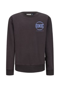 Felpa a maniche lunghe grigio scuro con polsini e orlo a coste. Presenta un logo circolare blu con la scritta "ONE" e il testo "RETOUR JEANS SINCE 1989."