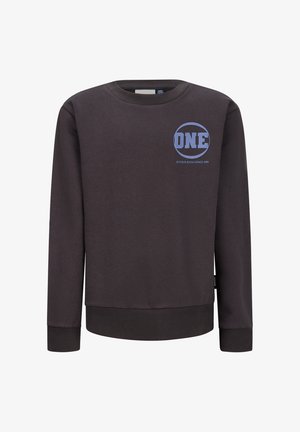 Donkergrijze long-sleeve sweatshirt met geribde manchetten en onderzoom. Bevat een blauw circulair logo met "ONE" en de tekst "RETOUR JEANS SINCE 1989."