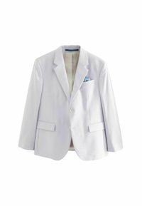 Light purple blazer with a structured design, two front pockets, single-button closure, and a pocket square in stripes of blue and white.