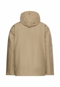Beige vandtæt jakke med hætte, elastiske manchetter og lige snit. Glat tekstur med et minimalistisk design og uden synlige logoer.