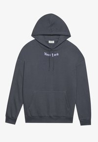 Gray hooded sweatshirt with a front kangaroo pocket, featuring purple text "New York" centered on the chest. Smooth fabric texture.