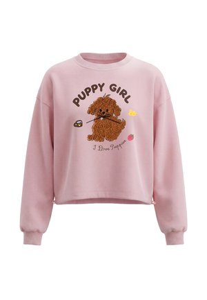 Lyserød sweatshirt med en tekstureret brun hvalp illustreret og tekst "Puppy Girl" og "I love puppies" foran.