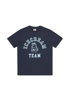 Marineblauw T-shirt met lichtblauwe tekst 'ICECREAM TEAM' en een afbeelding van een glimlachend meisje met een strik in haar haar.
