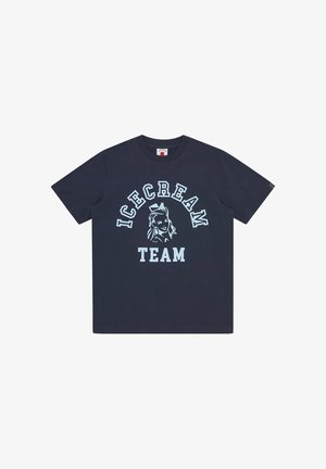 Marineblaues T-Shirt mit hellblauem Text „ICECREAM TEAM“ und einer Grafik eines lächelnden Mädchens mit einer Schleife im Haar.