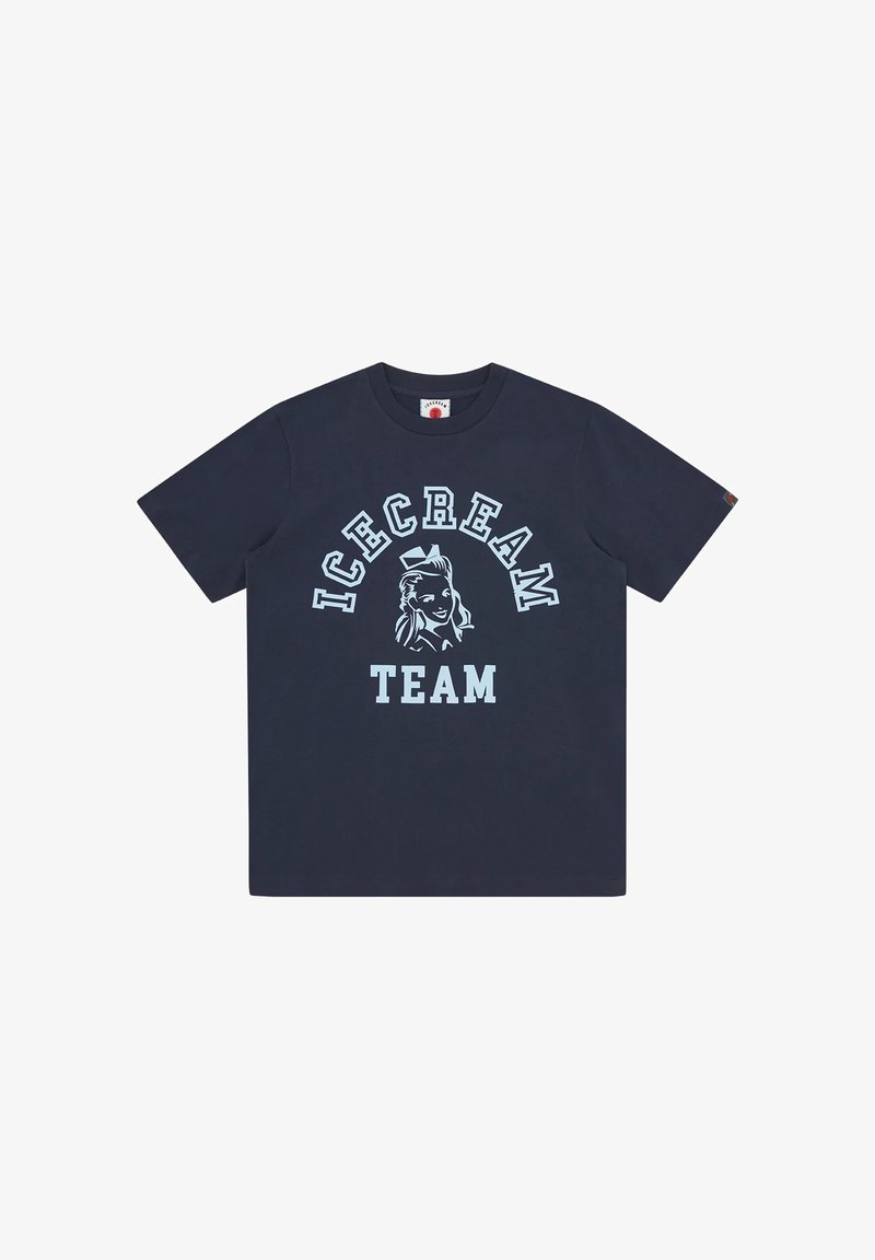 T-shirt bleu marine avec texte bleu clair « ICECREAM TEAM » et une illustration d'une fille souriante portant un nœud dans les cheveux.