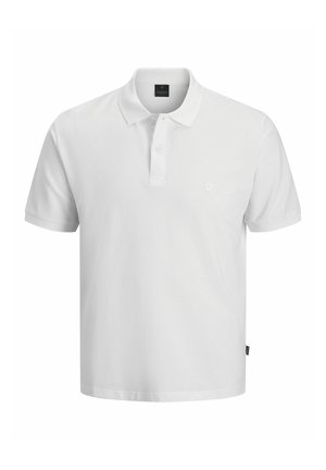 White short-sleeve polo shirt with two buttons, a collar, and a small embroidered logo on the left chest.
