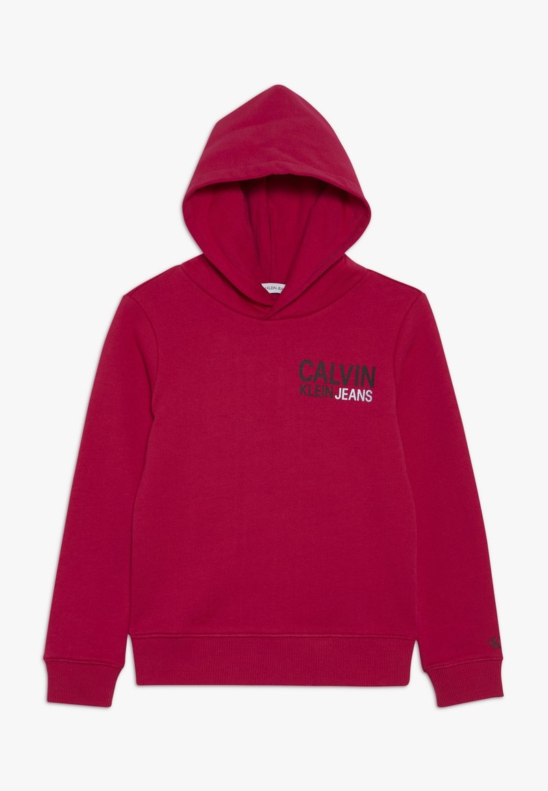Rote Kapuzenjacke mit langen Ärmeln, gerippten Bündchen und Saum, mit dem Logo "Calvin Klein Jeans" auf der Brust.
