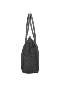 Black fabric tote bag with two long handles, a tapered shape, and a smooth texture; features a minimalistic design with no visible embellishments.