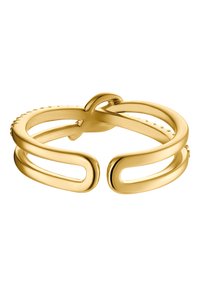 Złoty regulowany pierścionek o eleganckim podwójnym designie, z gładkimi krzywiznami i okrągłymi akcentami. Lekki i minimalistyczny styl.