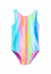 Bañador de una pieza con rayas verticales en azul, rosa, naranja, verde y morado. Hecho de un tejido suave y brillante con un escote redondo.