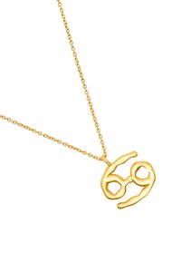 Złota naszyjnik wisiorek z rzeźbiarskim wzorem "69", zawieszony na delikatnym łańcuszku o fakturowym wykończeniu.