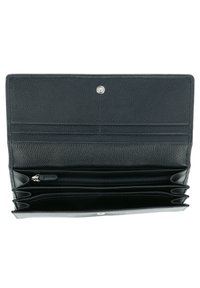 Black textured leather wallet, featuring a snap closure, multiple card slots, and a zippered compartment for coins or small items.