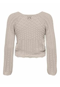 Light beige knitted sweater with long sleeves, round neckline, and a textured pattern featuring zigzag and open knit designs. Cropped length.