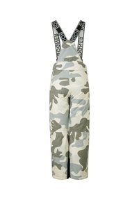 Camouflage overalls in tinten van groen en crème. Gemaakt van glad materiaal, met verstelbare zwarte banden met "BOGNER" branding. Ontwerp met brede benen.