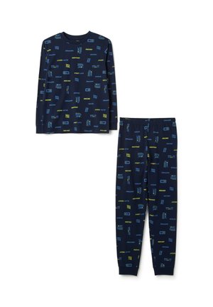 Marineblaue Pyjama-Set aus weichem Stoff, bestehend aus einem Langarmoberteil und passenden Hosen, die mit bunten Rennmotiven verziert sind.