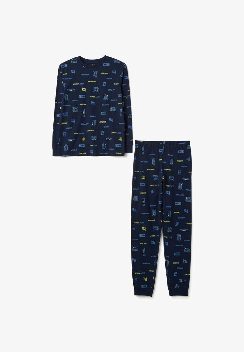 Ensemble de pyjama bleu marine en tissu doux, comprenant un haut à manches longues et un pantalon assorti orné d'impressions colorées sur le thème des courses.