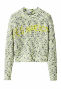 Suéter de punto con un diseño corto en tonos gris, verde y amarillo. Presenta el texto "LA VIDA ES GENIAL" bordado en amarillo.