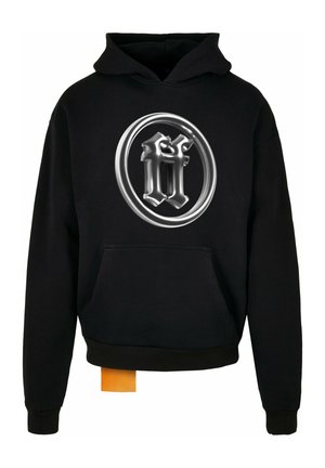 Schwarzer Hoodie aus Baumwollmaterial mit einem großen silbernen Grafiklogo auf der Vorderseite, zentralem Kängurutasche und gerippten Bündchen.