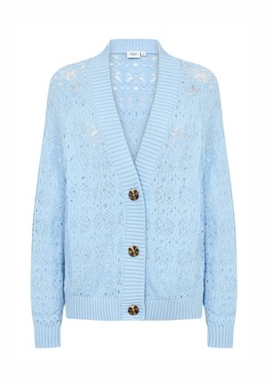 Lysblå strikket cardigan med et bladmønster, ribstrikkede manchetter og bund. Har fire brune knapper foran.