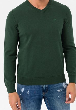 Mann trägt dunkelgrünen V-Ausschnittpullover und zerrissene blaue Jeans, steht vor einem weißen Hintergrund.