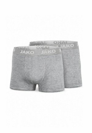Zwei Paar graue Herren-Boxershorts mit JAKO-gebrandeten elastischen Bunds, auf weißem Hintergrund dargestellt.