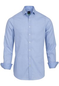 Camicia a quadri blu chiaro con maniche lunghe, colletto con bottoni e bottoni a contrasto. Il materiale appare liscio con una sottile texture.
