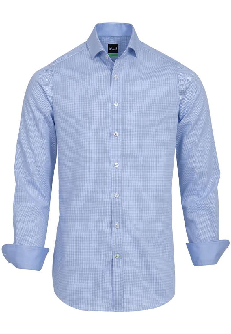 Camicia a quadri blu chiaro con maniche lunghe, colletto con bottoni e bottoni a contrasto. Il materiale appare liscio con una sottile texture.