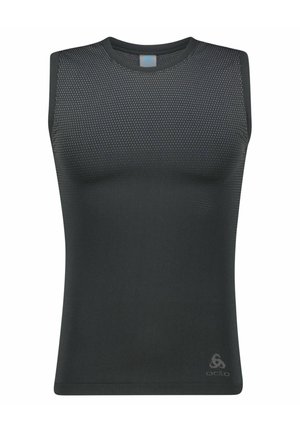 Ärmelloses Sportoberteil in Dunkelgrau, aus atmungsaktivem Mesh-Material gefertigt. Es hat einen Rundhals und ein Odlo-Logo in der rechten unteren Ecke.