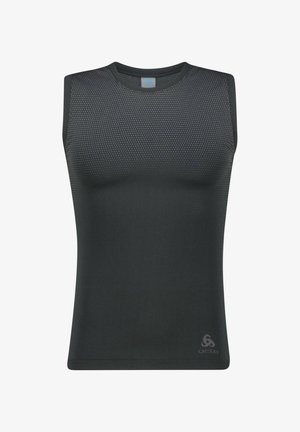 Sleeveless athletic top in dark gray, made of breathable mesh material. Features a round neck and an Odlo logo at the bottom right corner.