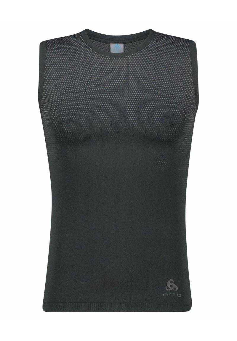 Ärmelloses Sportoberteil in Dunkelgrau, aus atmungsaktivem Mesh-Material gefertigt. Es hat einen Rundhals und ein Odlo-Logo in der rechten unteren Ecke.