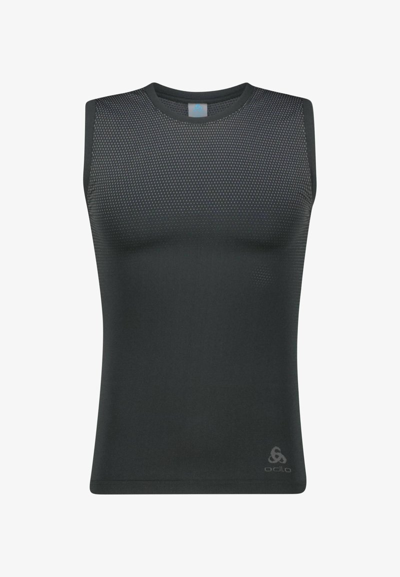Mouwloze sporttop in donkergrijs, gemaakt van ademend meshmateriaal. Heeft een ronde hals en een Odlo-logo in de rechterbenedenhoek.