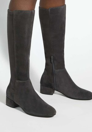 Bottes en daim gris foncé montant jusqu'aux genoux avec des talons blocs bas et des fermetures éclair latérales portées sur des jambes nues sur un fond uni.