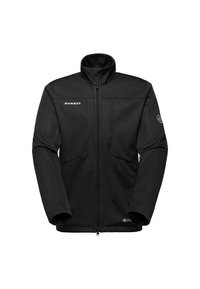 Schwarze Mammut Softshell-Jacke mit durchgehendem Reißverschluss, Stehkragen und seitlichen Reißverschlusstaschen, entworfen für Wetterbeständigkeit.
